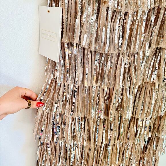NEW MAC DUGGAL Silver Sequin Fringe Tiered Tank Ruffle Beige $698 Mini Dress 2 - Picture 10 of 13